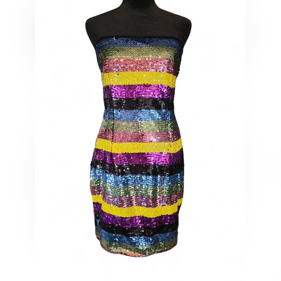 A’Gaci Shop 17 Multi-Color Sequin Striped Strapless Bodycon Dress Women Medium - Picture 1 of 9